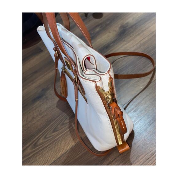 Dooney & Bourke Morgan Satchel White Pebbled Leather Bag Tan Trim Tassel Tote - Picture 9 of 14